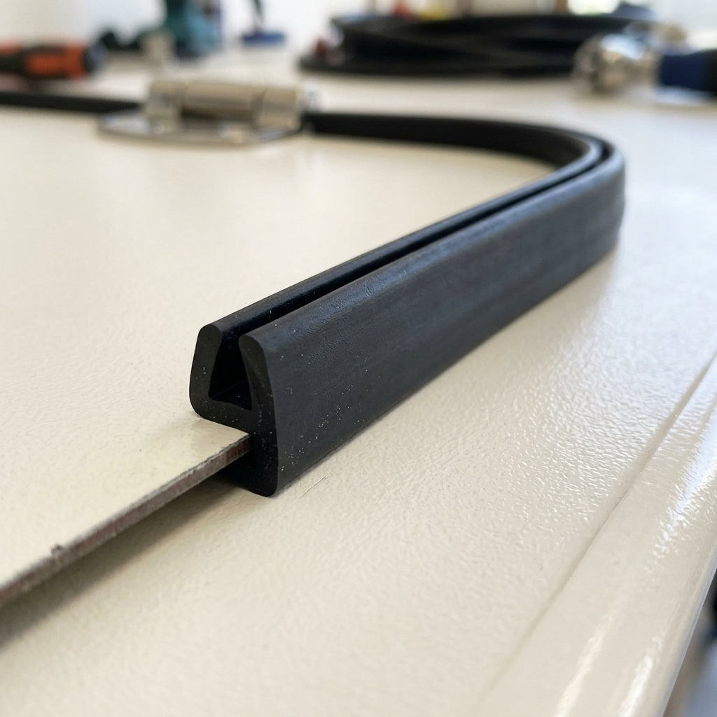 Black rubber U-channel edge seal U006 pushed over the raw edge of a thin panel, capping it with a neat black trim