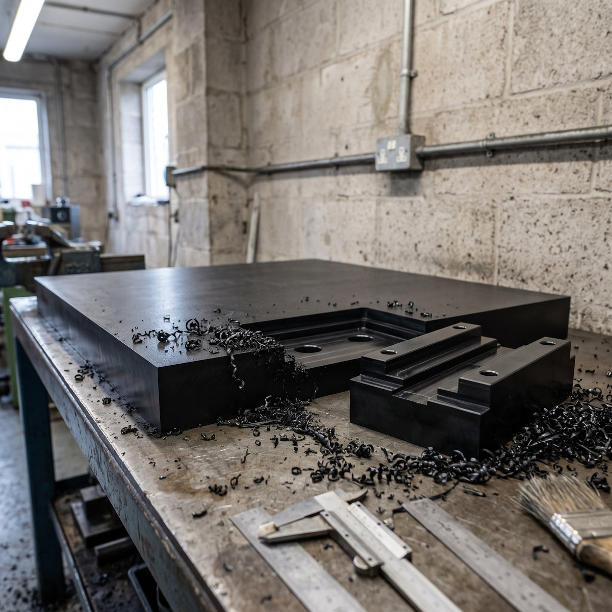 Thick black UHMWPE slab on a machine shop bench with a milled black wear block cut from it, callipers and black swarf around