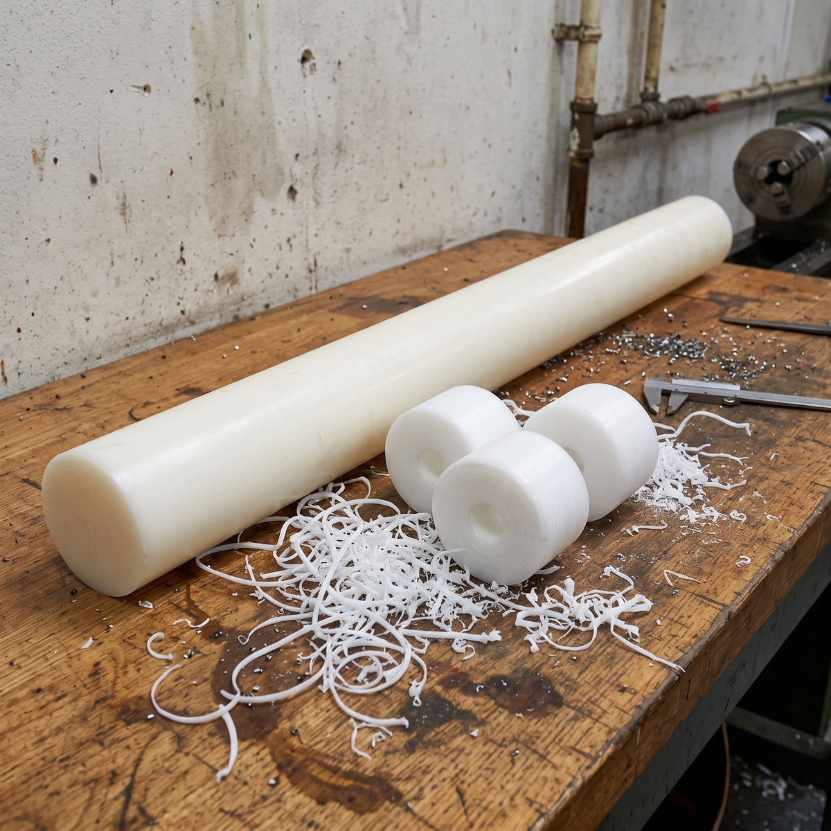 Waxy white UHMWPE rod on a workshop bench beside three turned white rollers cut from it, white swarf around