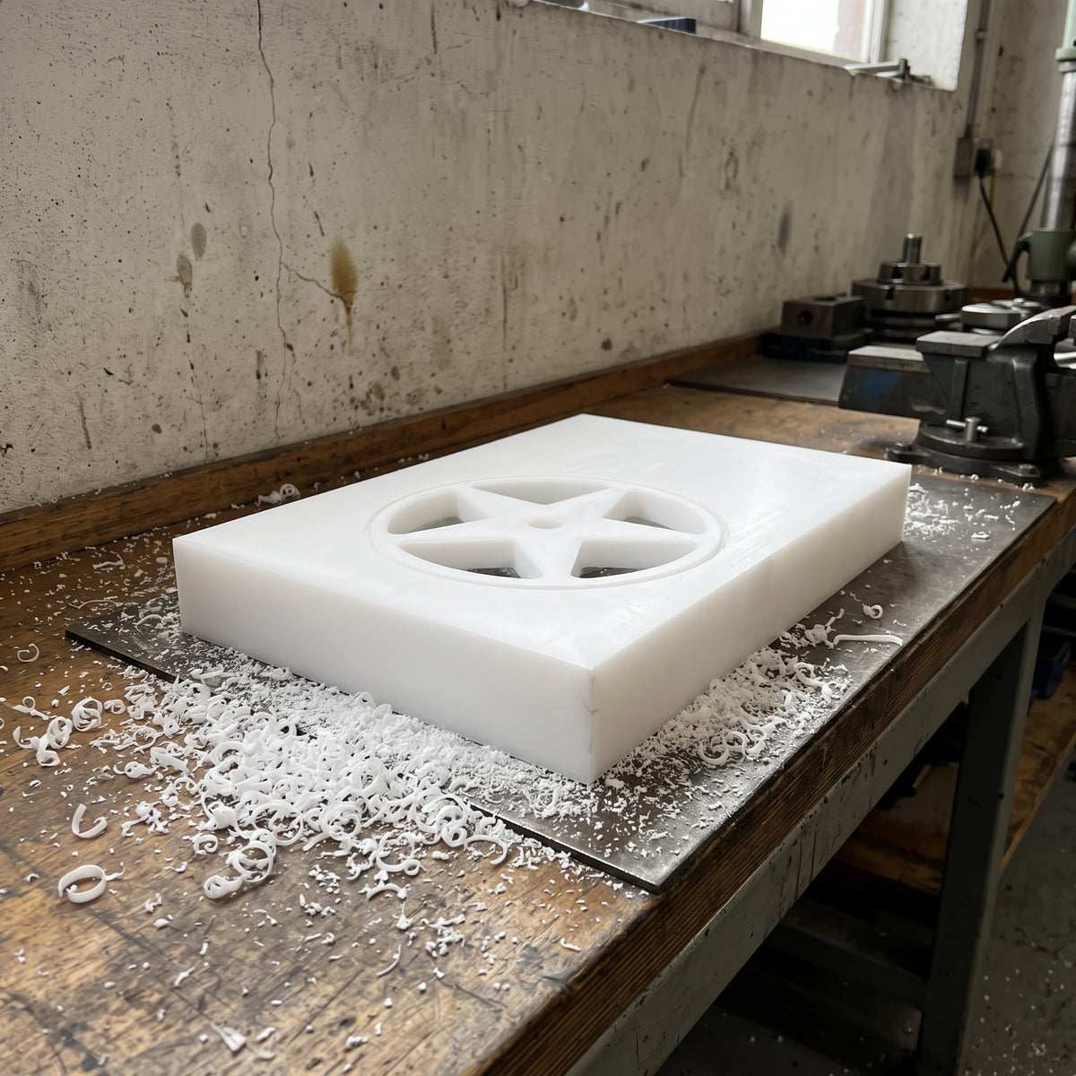 Thick white UHMWPE block on a machine shop bench with a star wheel milled into it, white swarf all around