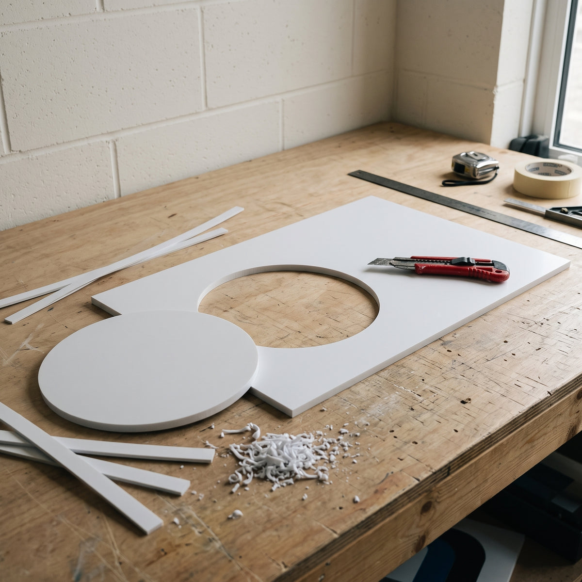 Thin white uPVC sheet on a signmaker's bench with a routed circular blank, offcut strips and a craft knife