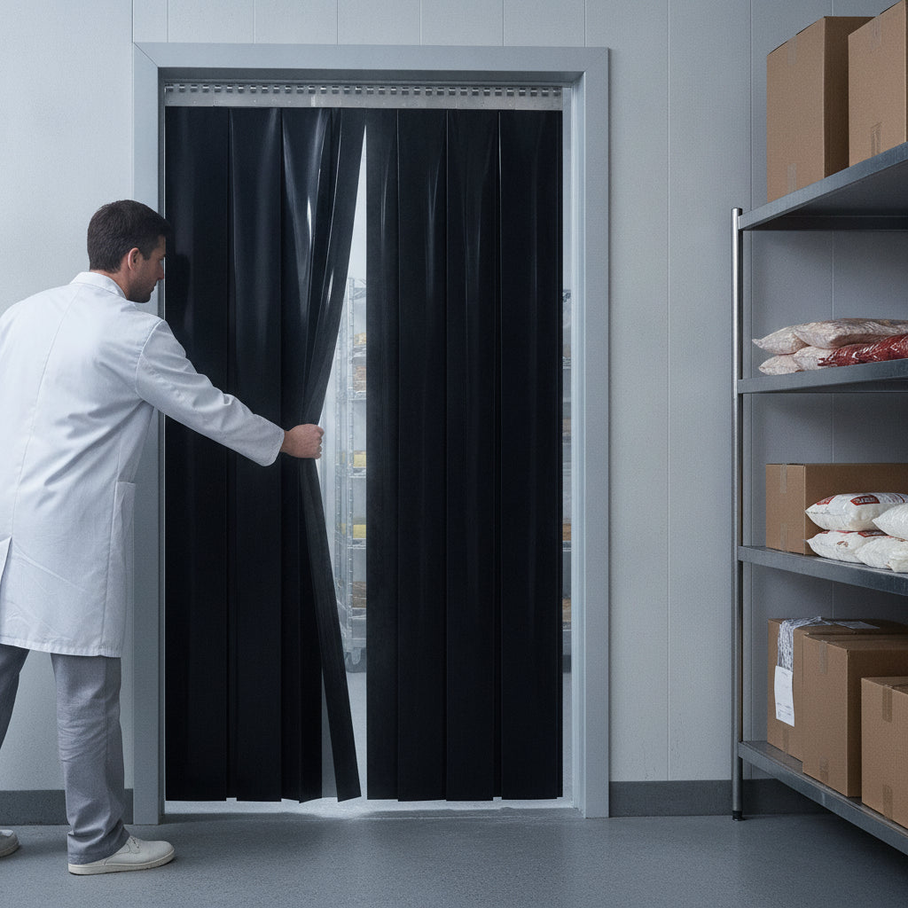 Opaque black PVC strip curtains in cold store doorway worker passing through