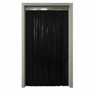 Black PVC strip curtain hung on a steel rail filling a plain grey door frame, straight-on view