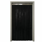 Black PVC strip curtain hung on a steel rail filling a plain grey door frame, straight-on view
