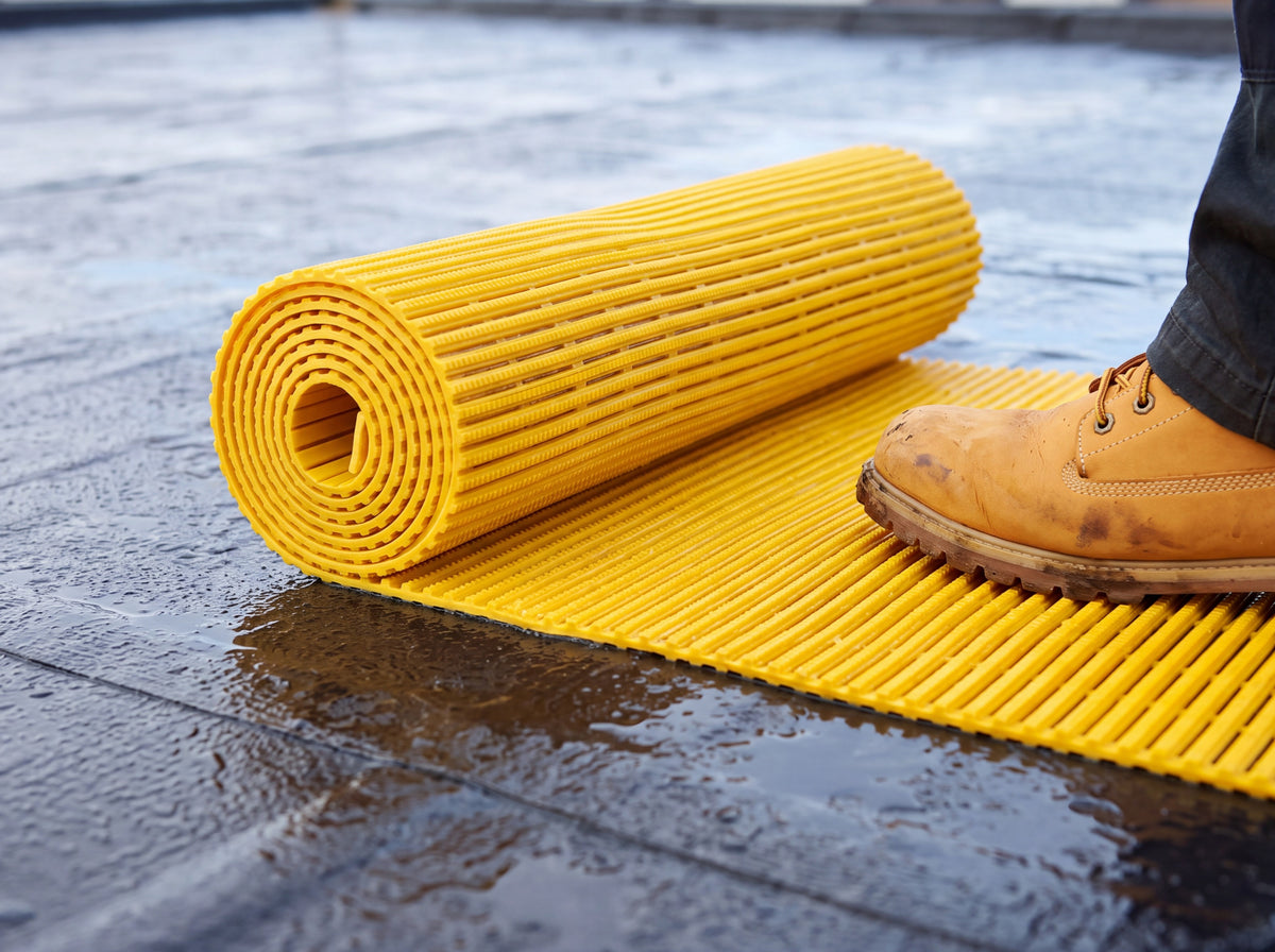 Roll of yellow fine-rib roof walkway matting being unrolled onto a wet single-ply membrane