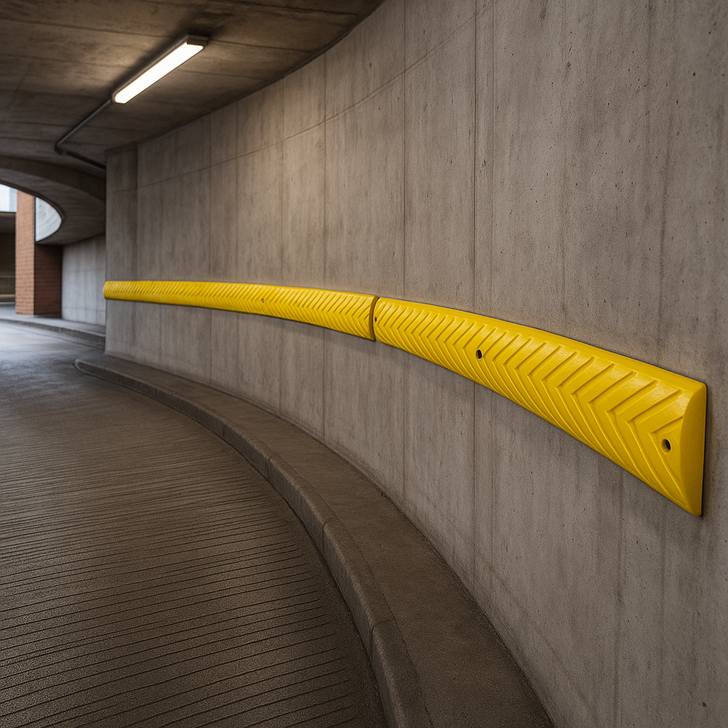 Yellow PU chevron wall guards on car park ramp wall - herringbone ridged strips protecting curved ramp wall at vehicle bumper height