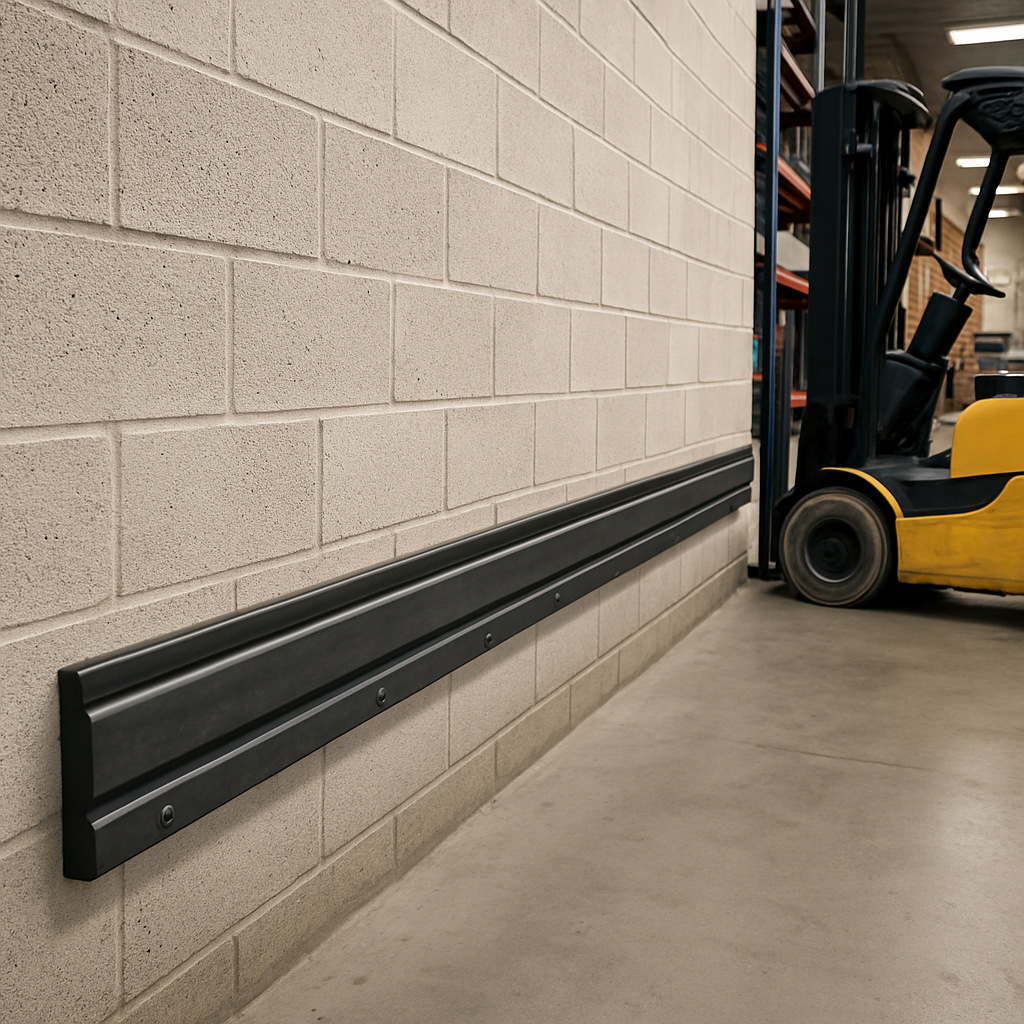 Heavy Duty Rubber Wall Guard Extrusion 3000mm installed in UK warehouse - dark grey channeled rubber strip protecting wall from forklift