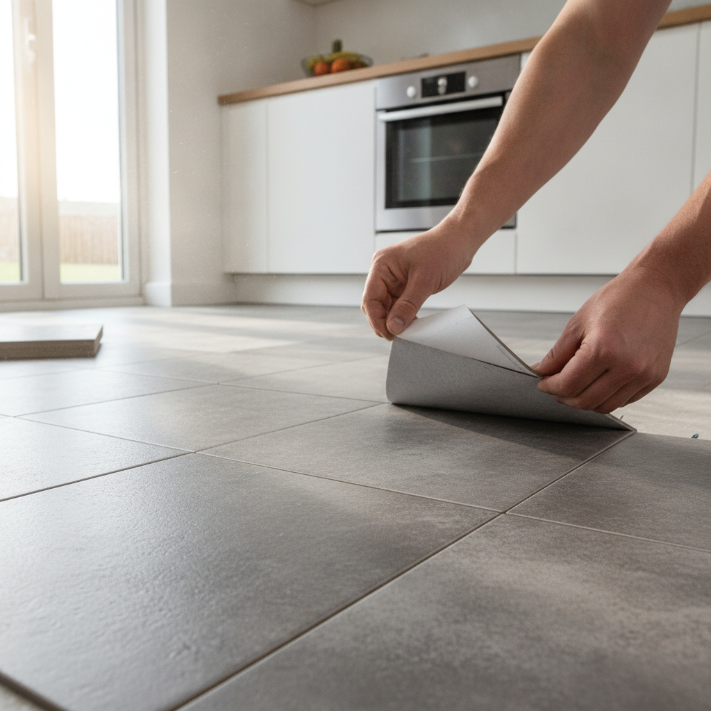 Hands peeling the backing film off a medium grey stone-effect self-adhesive vinyl floor tile and pressing it onto a kitchen floor