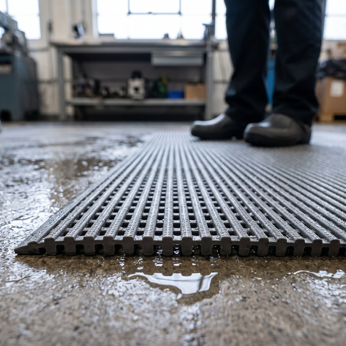 Close-up of the open mesh matting edge on wet concrete showing the fine rib grid and drainage openings