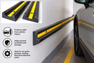Wall guard on a car park wall with an inset profile view and icons for impact protection and scratch prevention