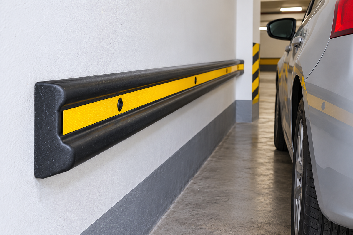 Single-rib black rubber wall guard with yellow centre strip running along a car park wall, viewed at an angle