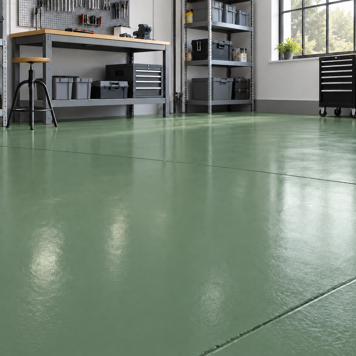 Mid Green illustrative application: Water-Based Alkyd Floor Paint for Workshops & Concrete