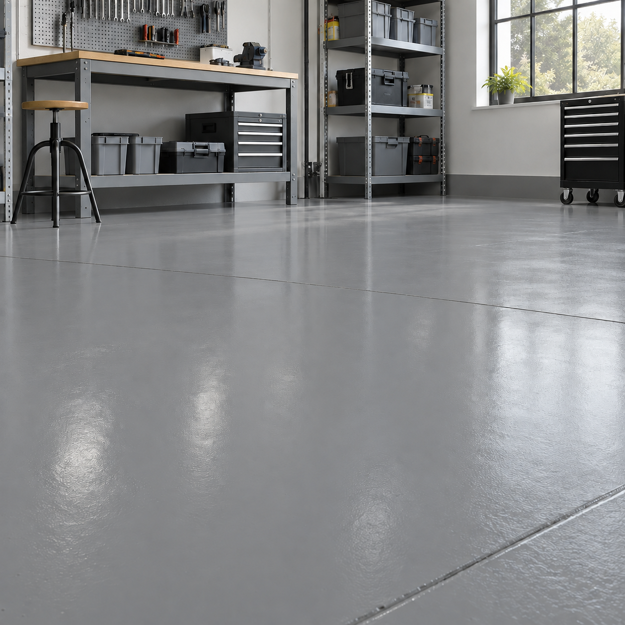 Mid Grey illustrative application: Water-Based Alkyd Floor Paint for Workshops & Concrete