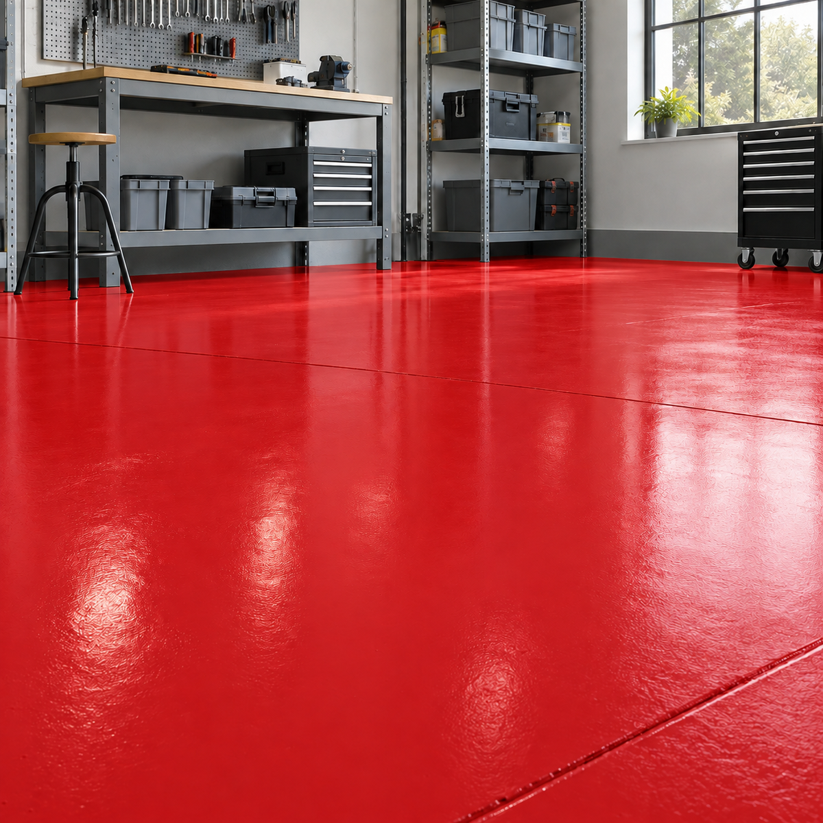 Postal Red illustrative application: Water-Based Alkyd Floor Paint for Workshops & Concrete