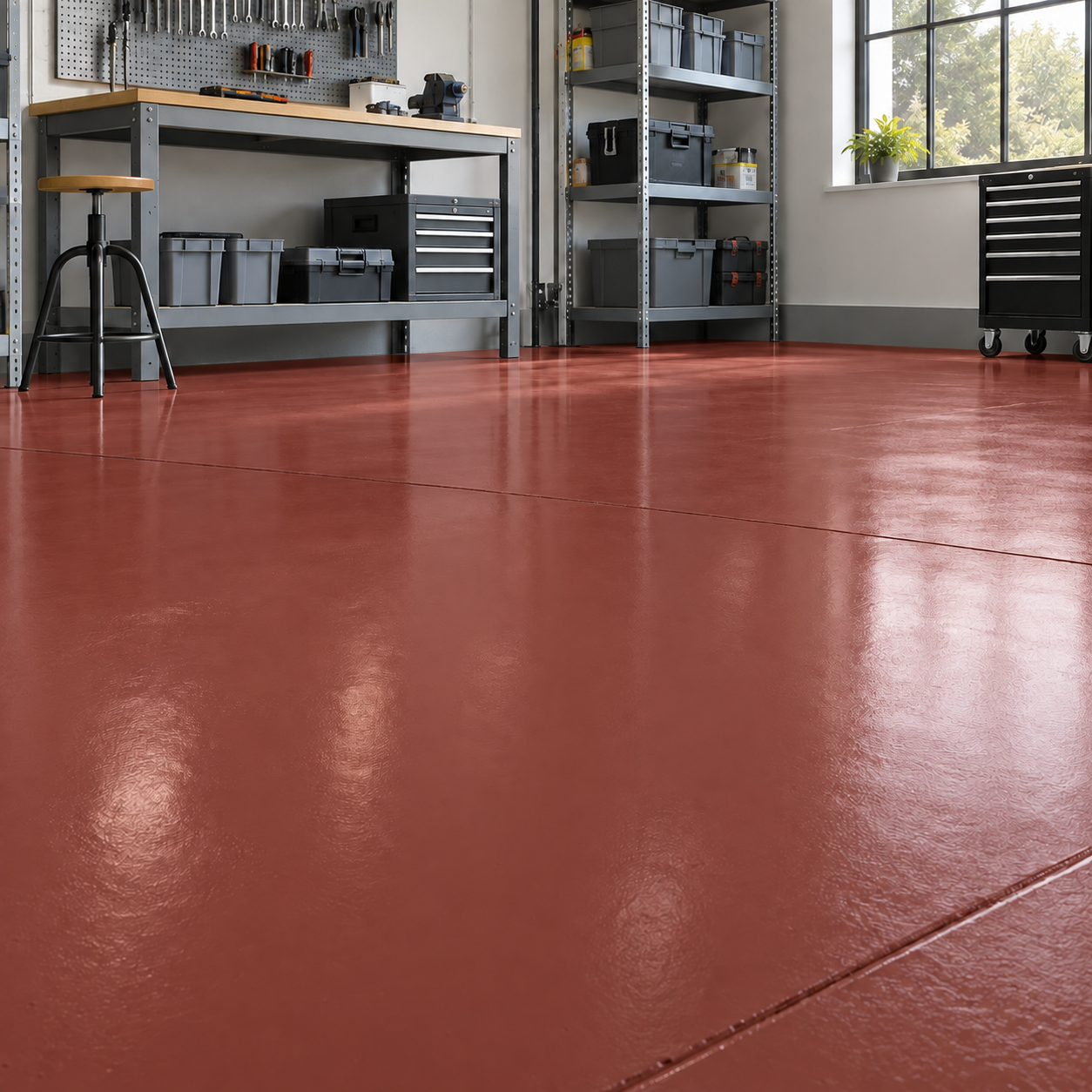 Rustic Red illustrative application: Water-Based Alkyd Floor Paint for Workshops & Concrete