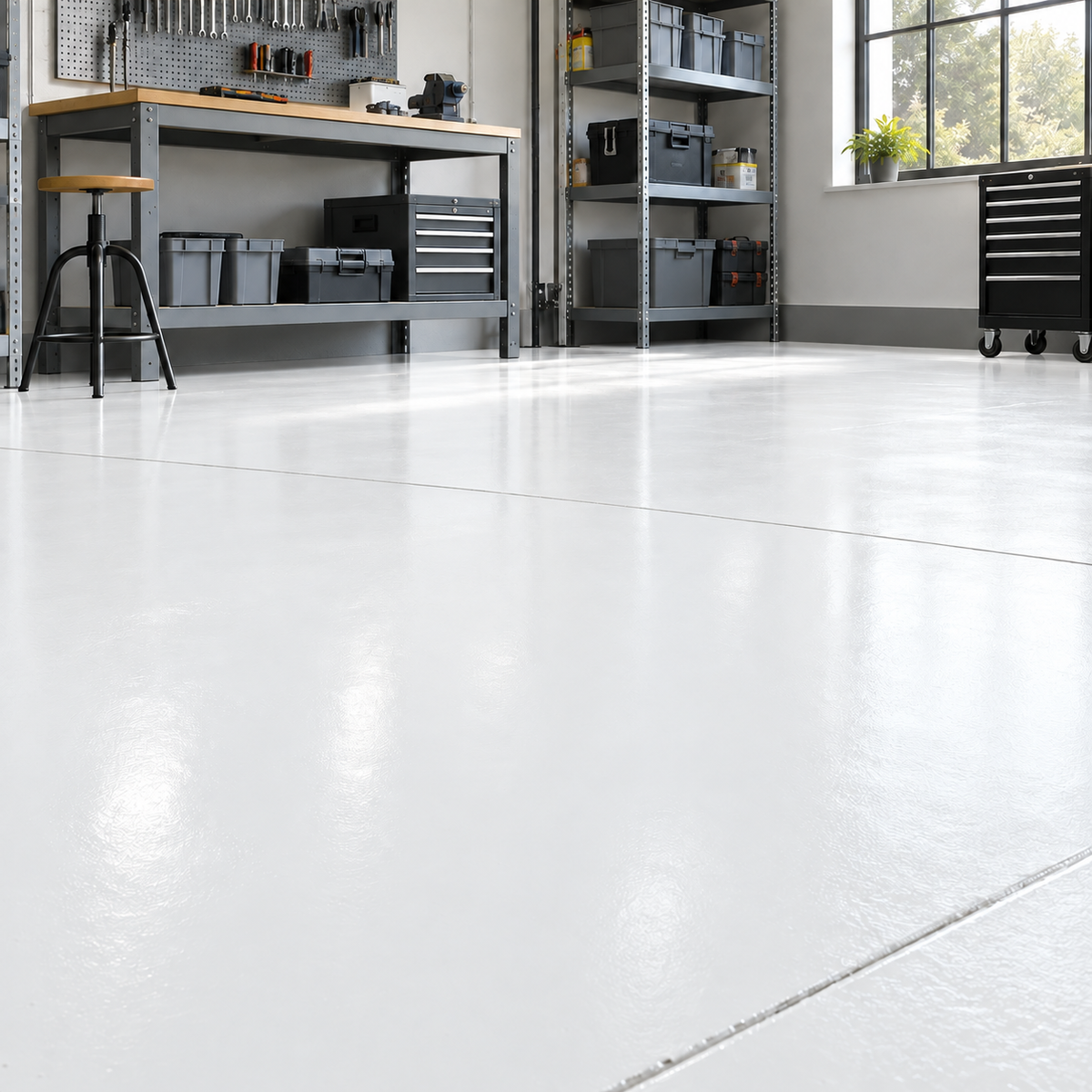 White illustrative application: Water-Based Alkyd Floor Paint for Workshops & Concrete