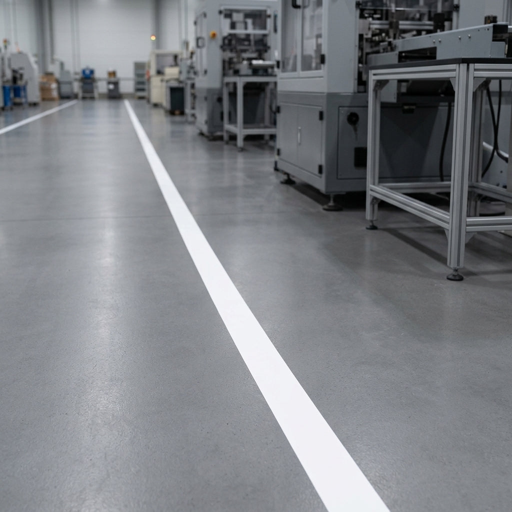 White floor marking tape line running along a factory floor beside a production line