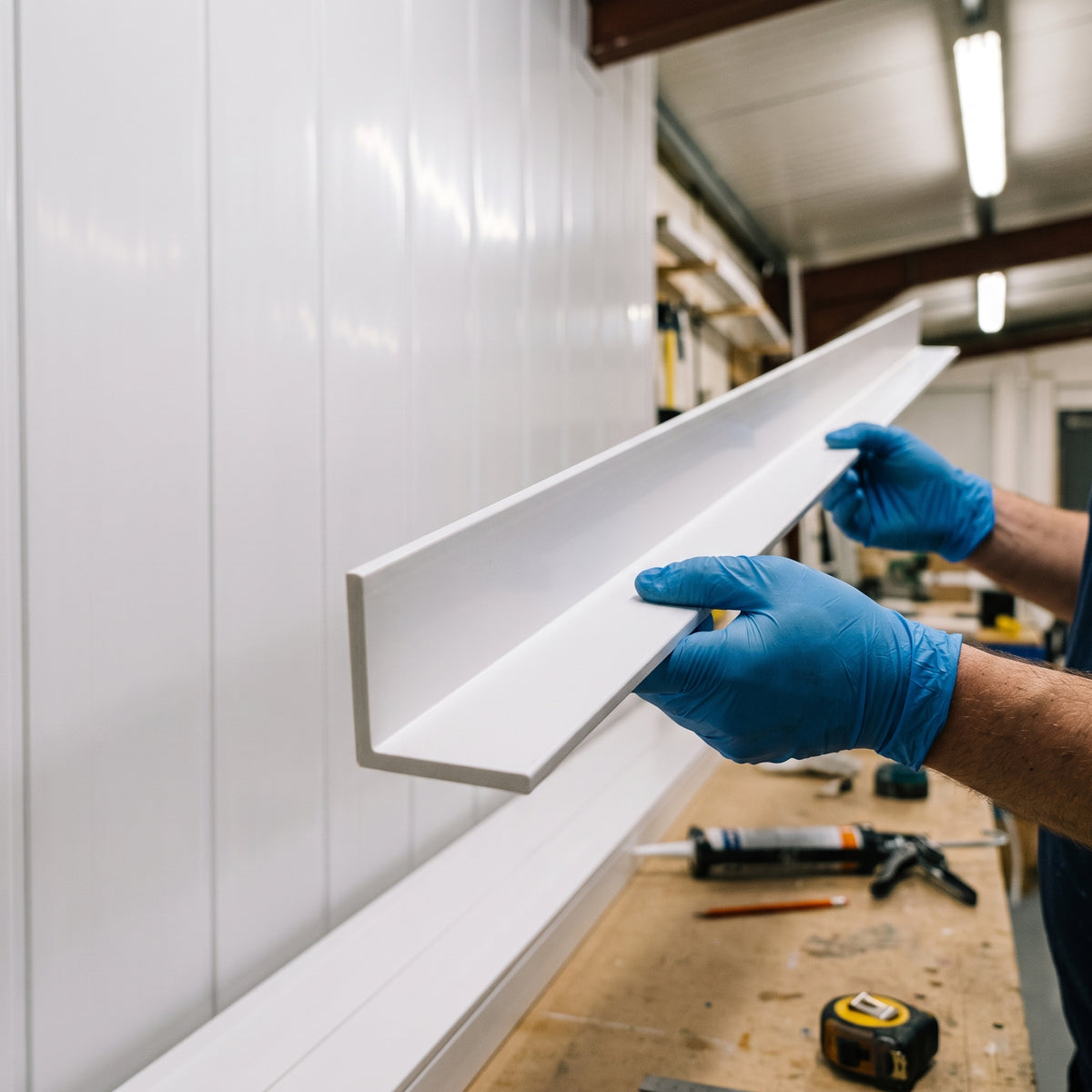 Blue-gloved hands holding a white PVC internal angle profile against white wall cladding in a workshop