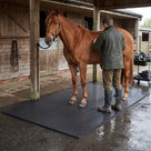 Chestnut horse tied up on a covered yard, standing on a sheet of black wide rib rubber matting over wet concrete while being groomed