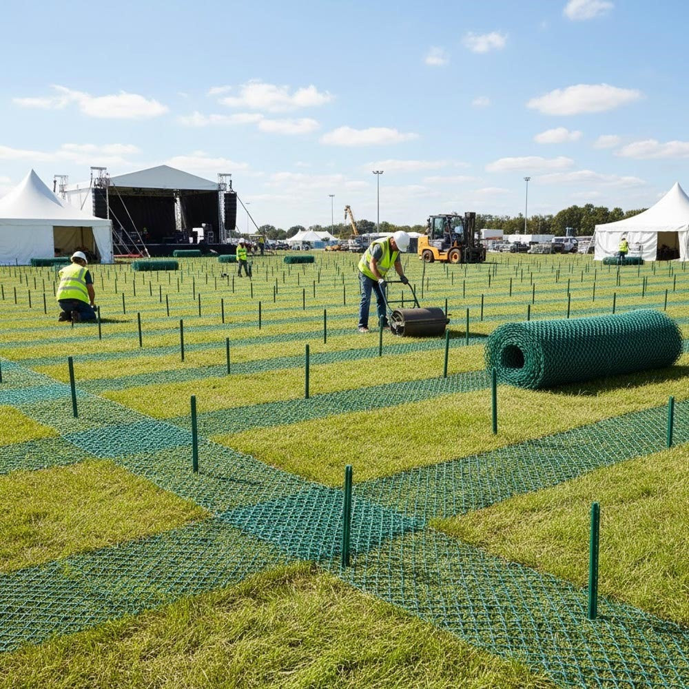 workers installing green grass protection mesh on event field for ground reinforcement