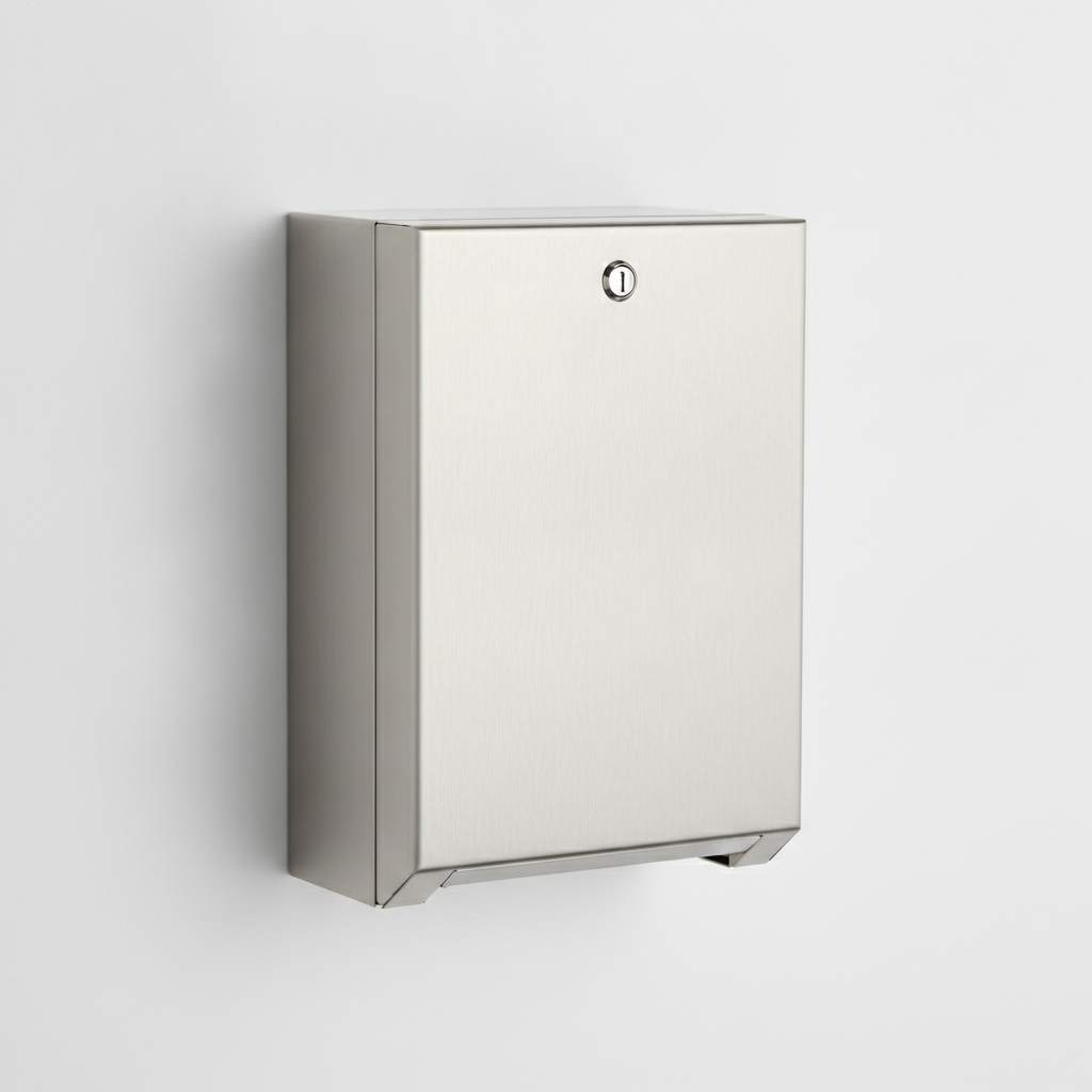 Brushed stainless steel wall-mounted commercial paper towel dispenser with lockable front cover, shown on a plain studio background