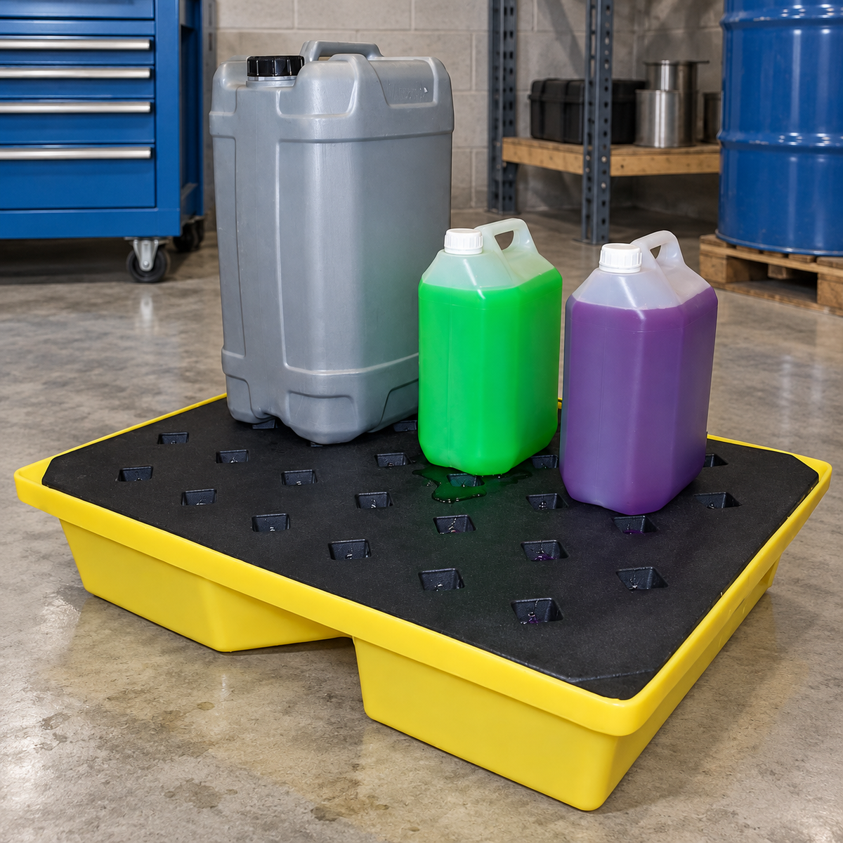Yellow 43 litre polyethylene spill tray with black removable grid in a workshop; illustrative use-case image