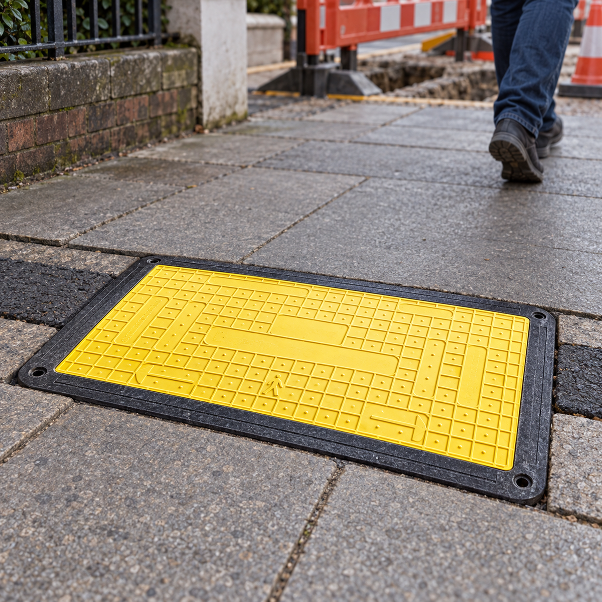 Yellow composite footway trench cover with black flexible edges installed over a pavement excavation; illustrative use-case image