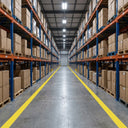 Two yellow floor marking tape lines defining a pedestrian walkway down a warehouse aisle between pallet racking