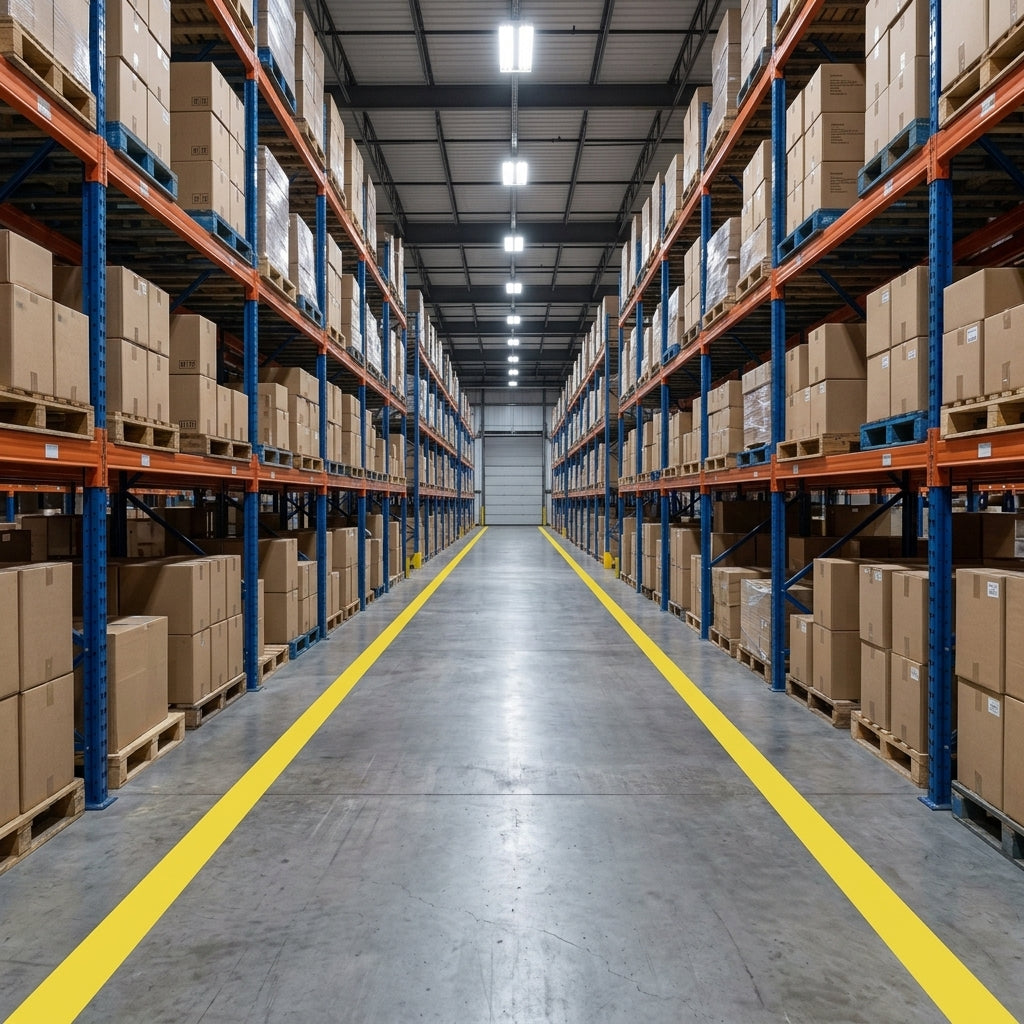 Two yellow floor marking tape lines defining a pedestrian walkway down a warehouse aisle between pallet racking