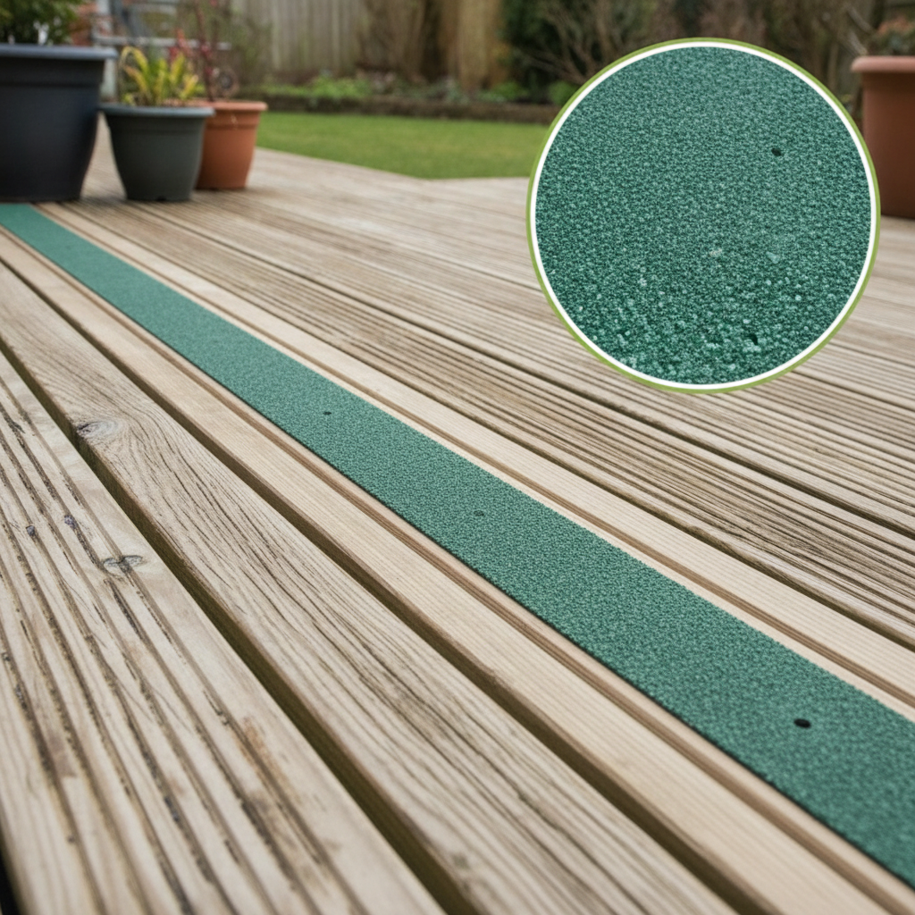 Green anti-slip decking strip installed on outdoor timber decking boards